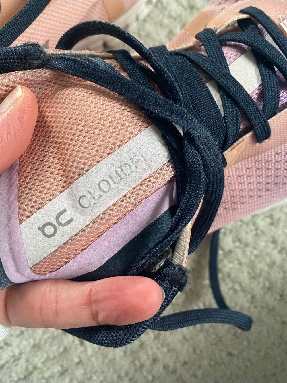 On Running Women’s Cloudflow Pink with Coral and Orange Sole and Navy Laces, W8 - Picture 7 of 10